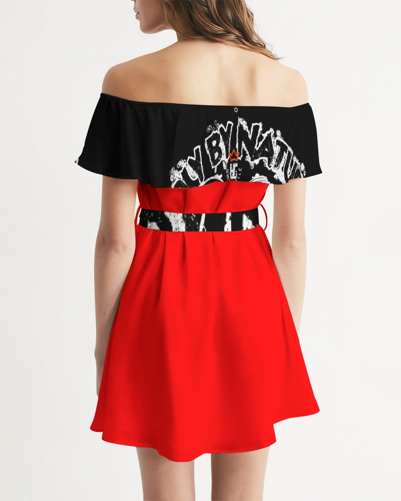 Poly By Nature Women's All-Over Print Off-Shoulder Dress