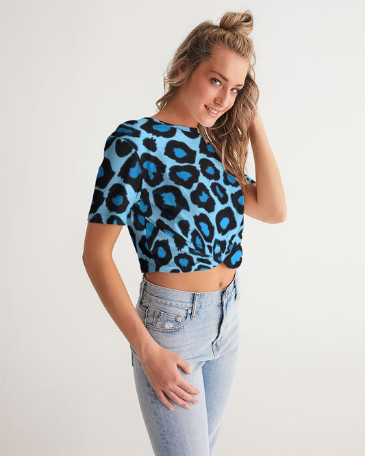 Blue leopard kente Women's Twist-Front Cropped Tee