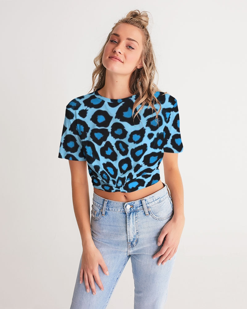 Blue leopard kente Women's Twist-Front Cropped Tee