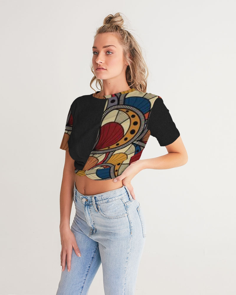 Black classic Kente Women's Twist-Front Cropped Tee