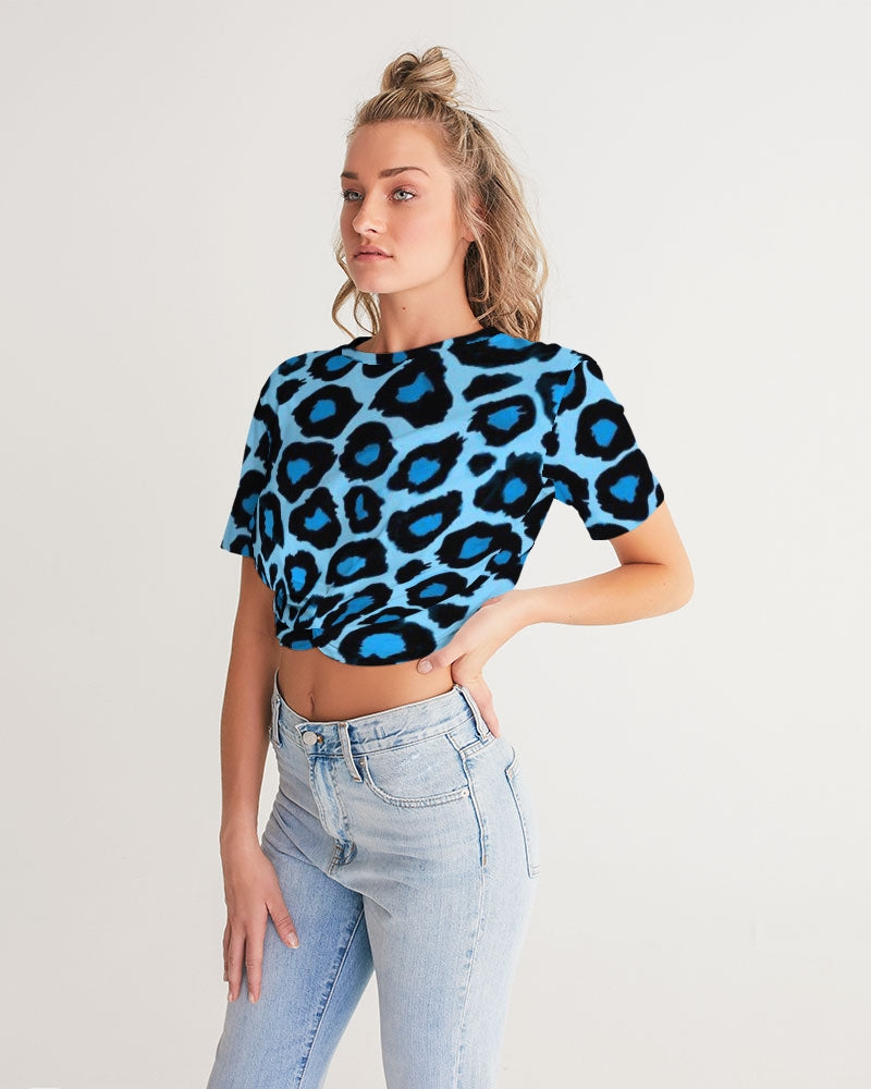 Blue leopard kente Women's Twist-Front Cropped Tee