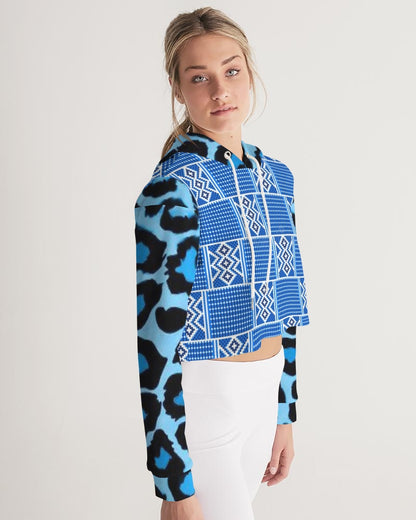 Blue leopard kente Women's Cropped Hoodie