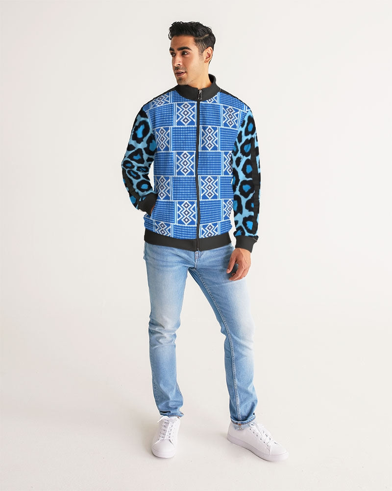 Blue leopard kente Men's Stripe-Sleeve Track Jacket