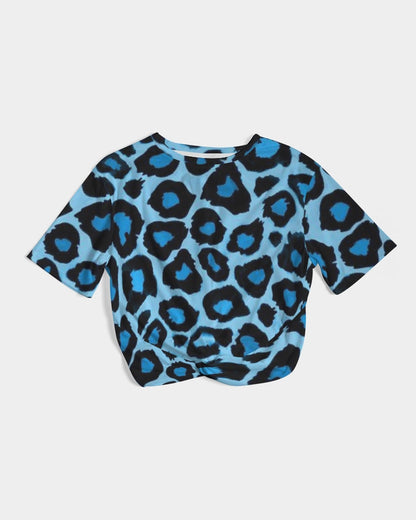 Blue leopard kente Women's Twist-Front Cropped Tee