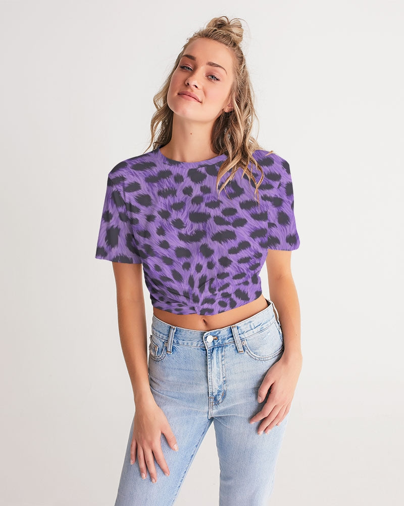 Purple Leopard Women's Twist-Front Cropped Tee