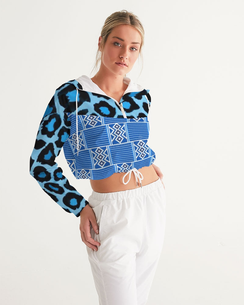 Blue leopard kente Women's Cropped Windbreaker
