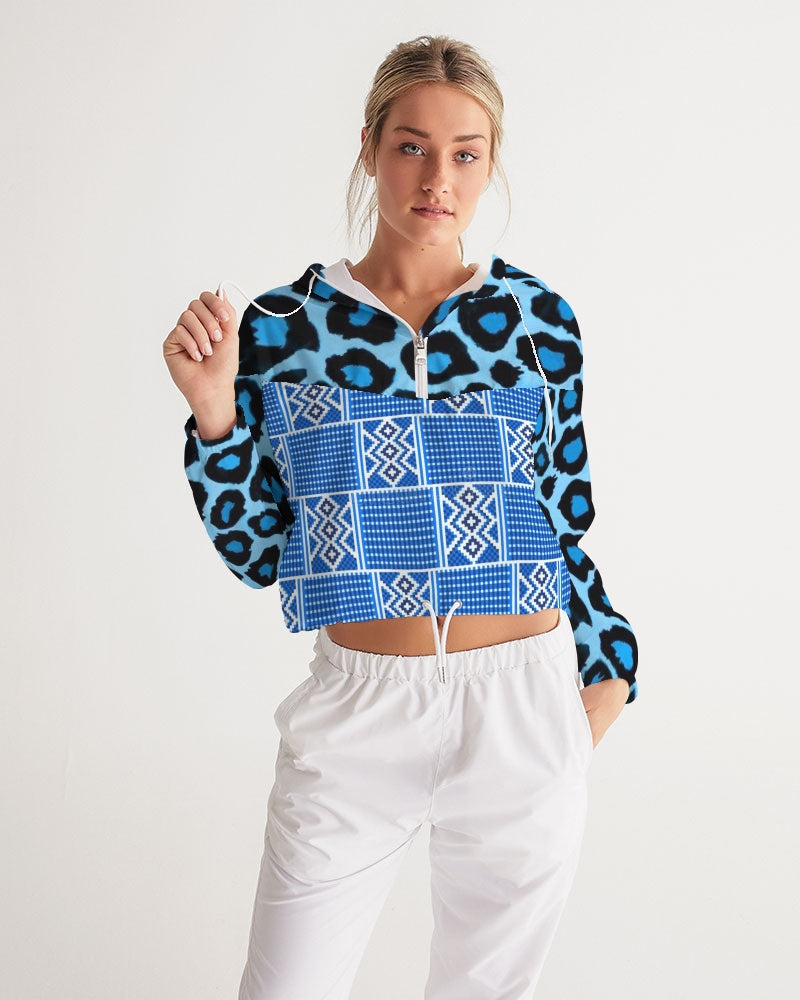 Blue leopard kente Women's Cropped Windbreaker