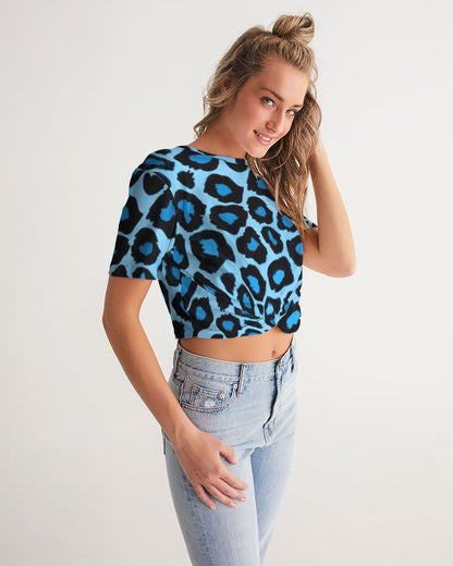 Blue leopard kente Women's Twist-Front Cropped Tee