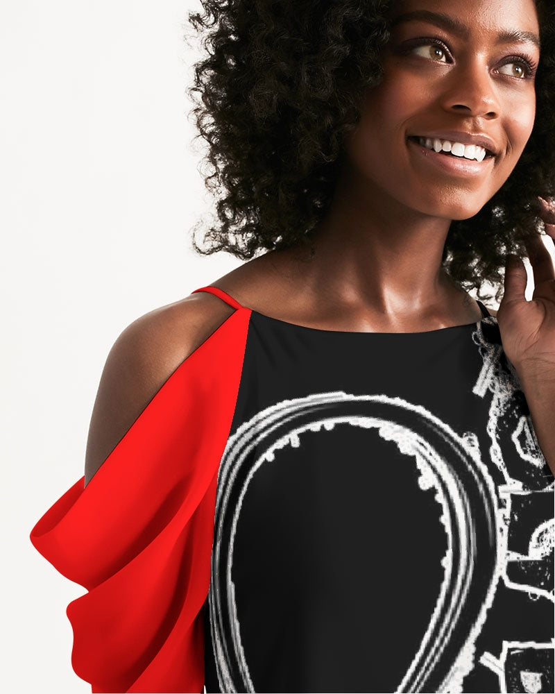 Poly By Nature Women's All-Over Print Open Shoulder A-Line Dress