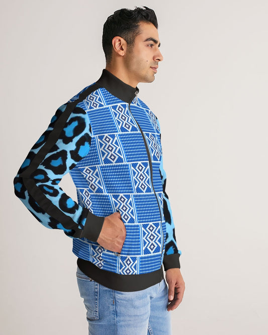 Blue leopard kente Men's Stripe-Sleeve Track Jacket