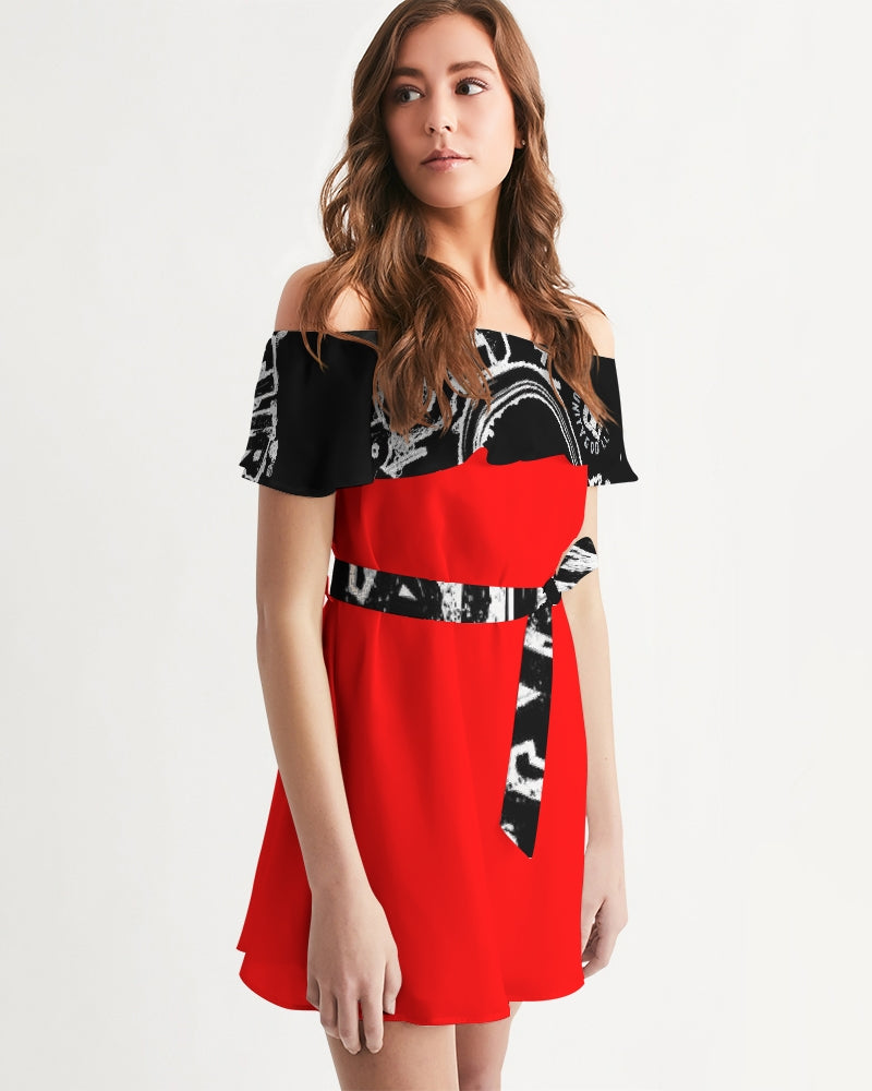 Poly By Nature Women's All-Over Print Off-Shoulder Dress