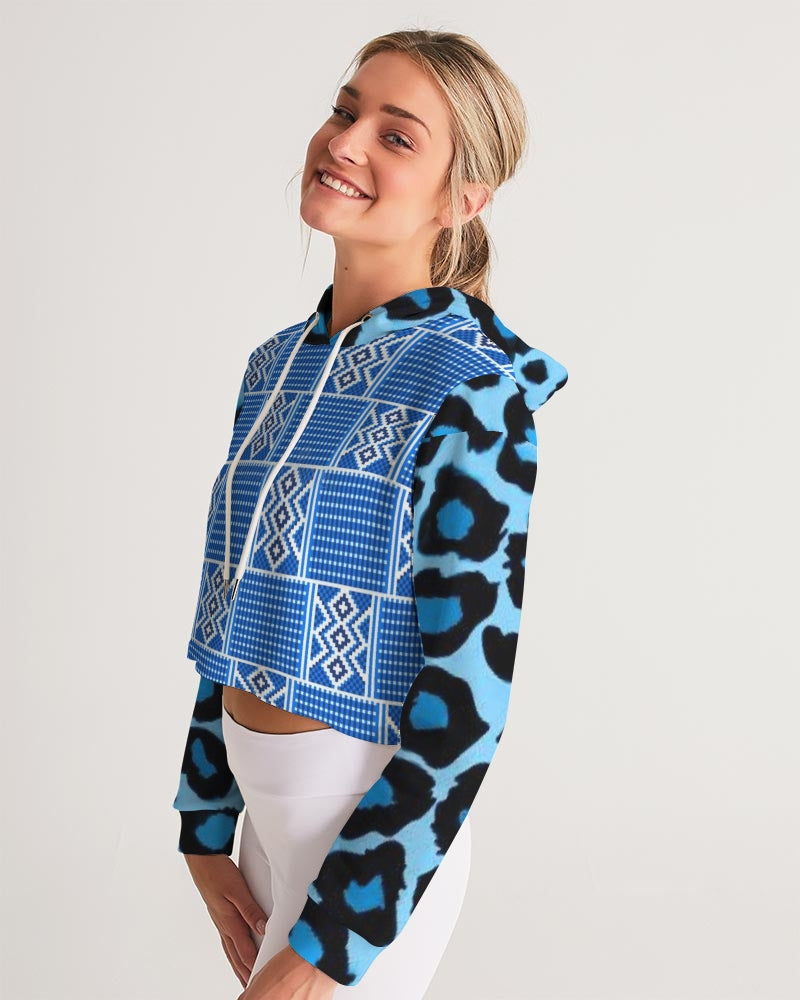 Blue leopard kente Women's Cropped Hoodie