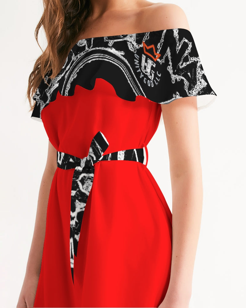Poly By Nature Women's All-Over Print Off-Shoulder Dress