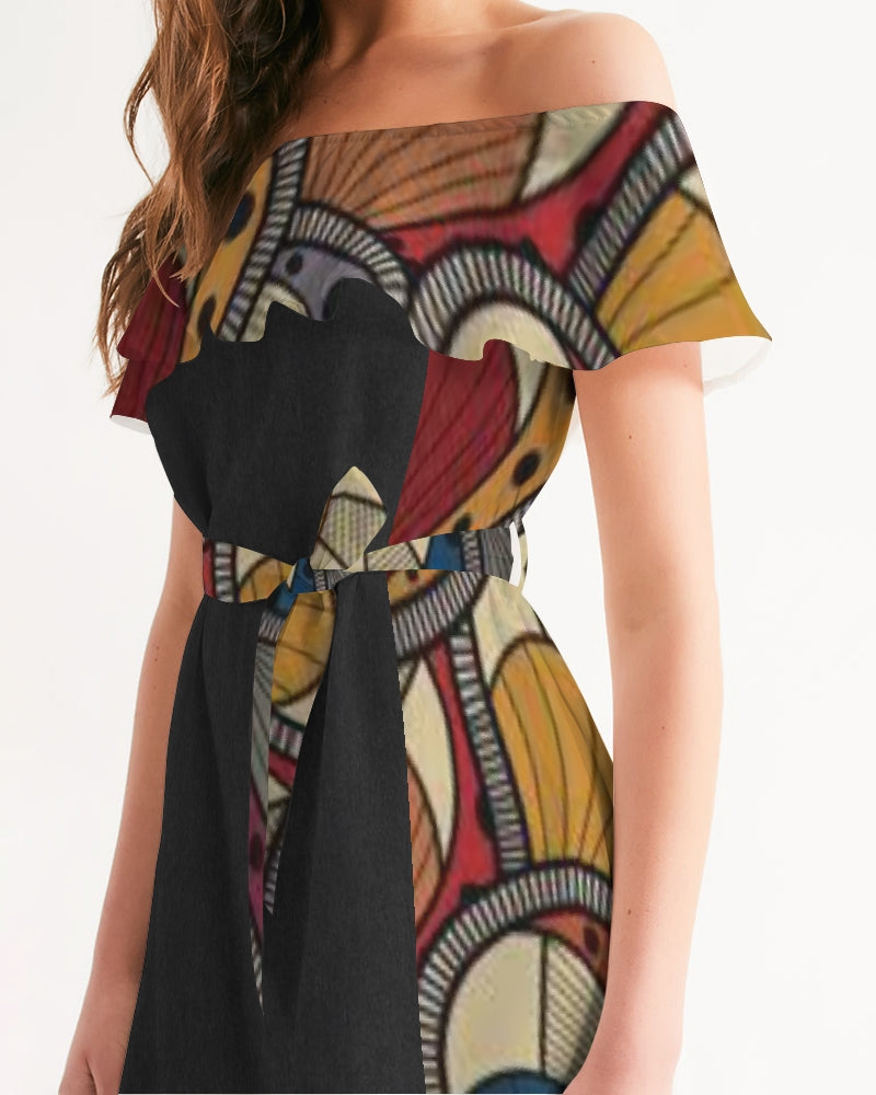 Black classic Kente Women's Off-Shoulder Dress
