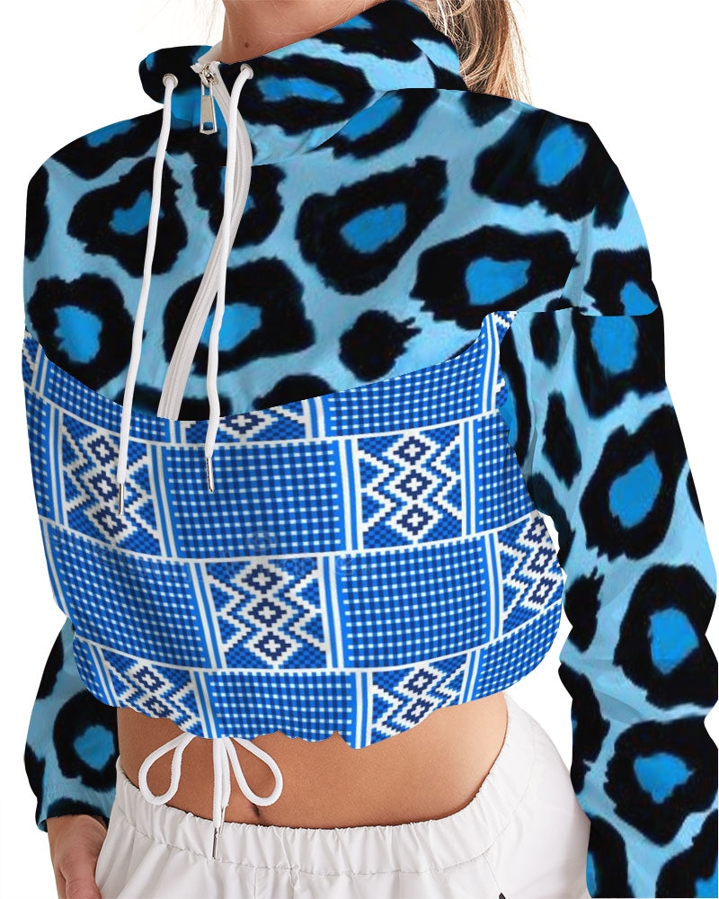 Blue leopard kente Women's Cropped Windbreaker