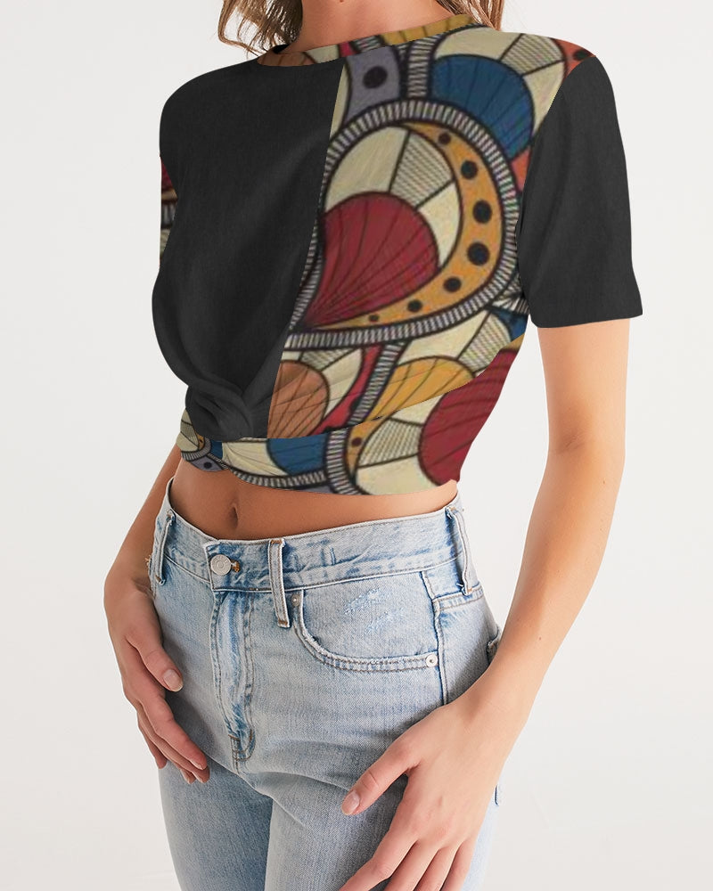 Black classic Kente Women's Twist-Front Cropped Tee