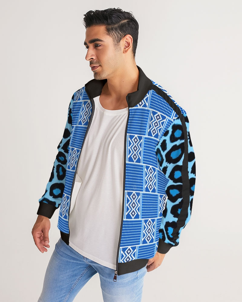 Blue leopard kente Men's Stripe-Sleeve Track Jacket