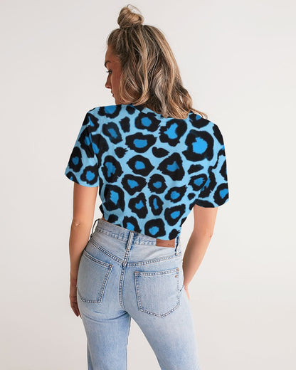 Blue leopard kente Women's Twist-Front Cropped Tee