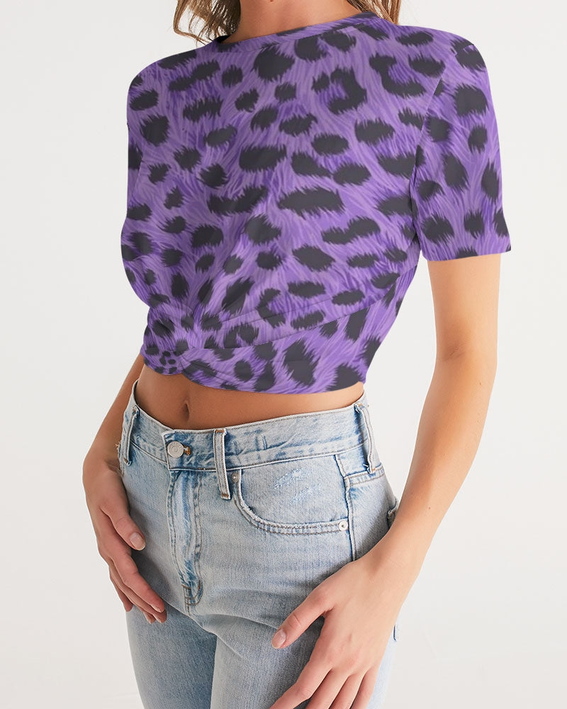 Purple Leopard Women's Twist-Front Cropped Tee