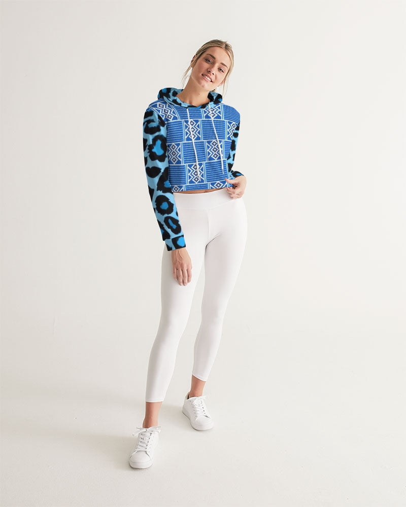 Blue leopard kente Women's Cropped Hoodie