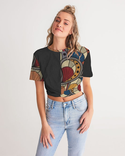Black classic Kente Women's Twist-Front Cropped Tee
