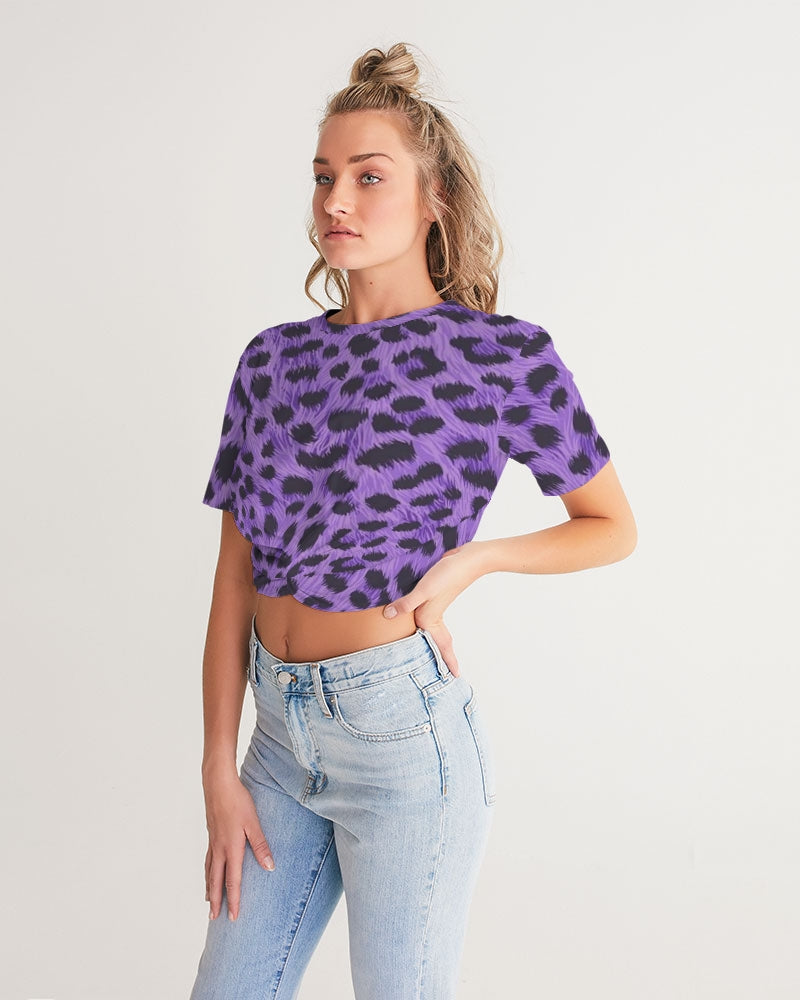 Purple Leopard Women's Twist-Front Cropped Tee