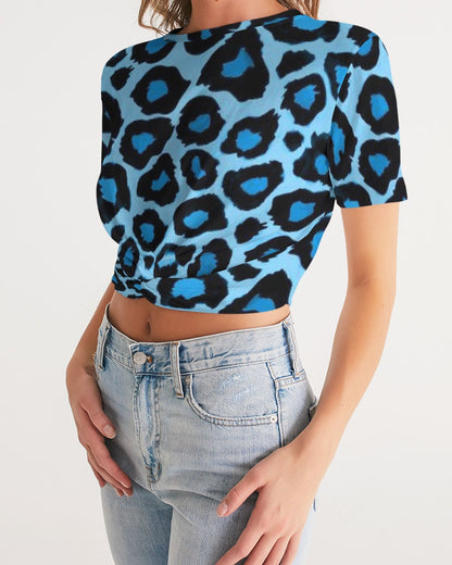 Blue leopard kente Women's Twist-Front Cropped Tee