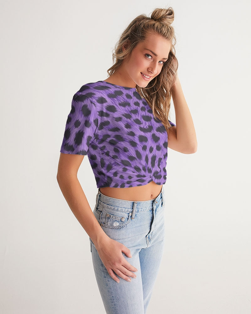 Purple Leopard Women's Twist-Front Cropped Tee