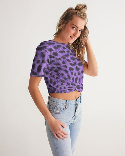 Purple Leopard Women's Twist-Front Cropped Tee